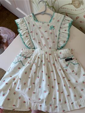 Bonjour Girls' Cream Floral Ruffle Dress with Green Trim